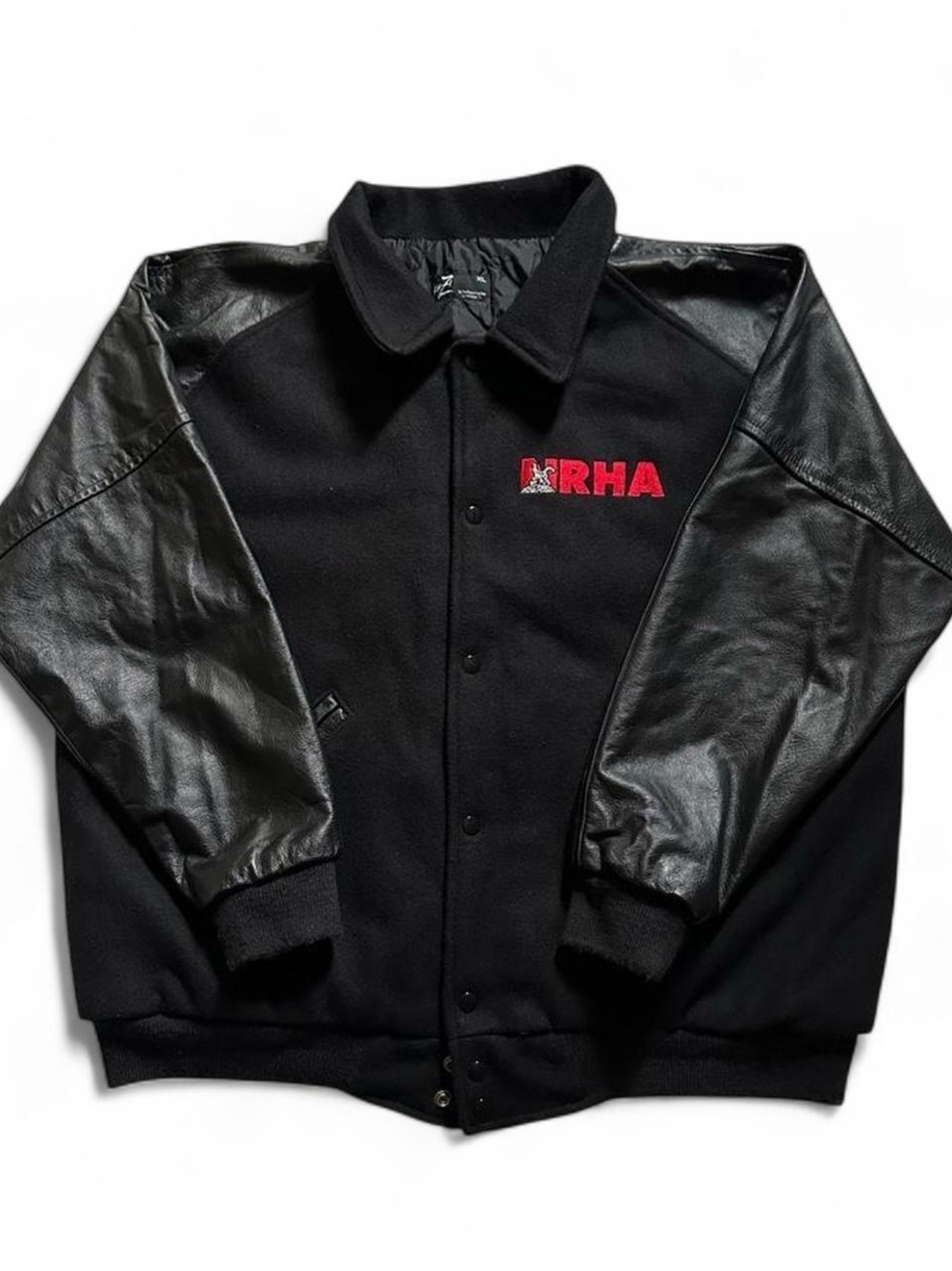 Vintage Black National Reigning Horse Leather-Sleeve Varsity Jacket XL